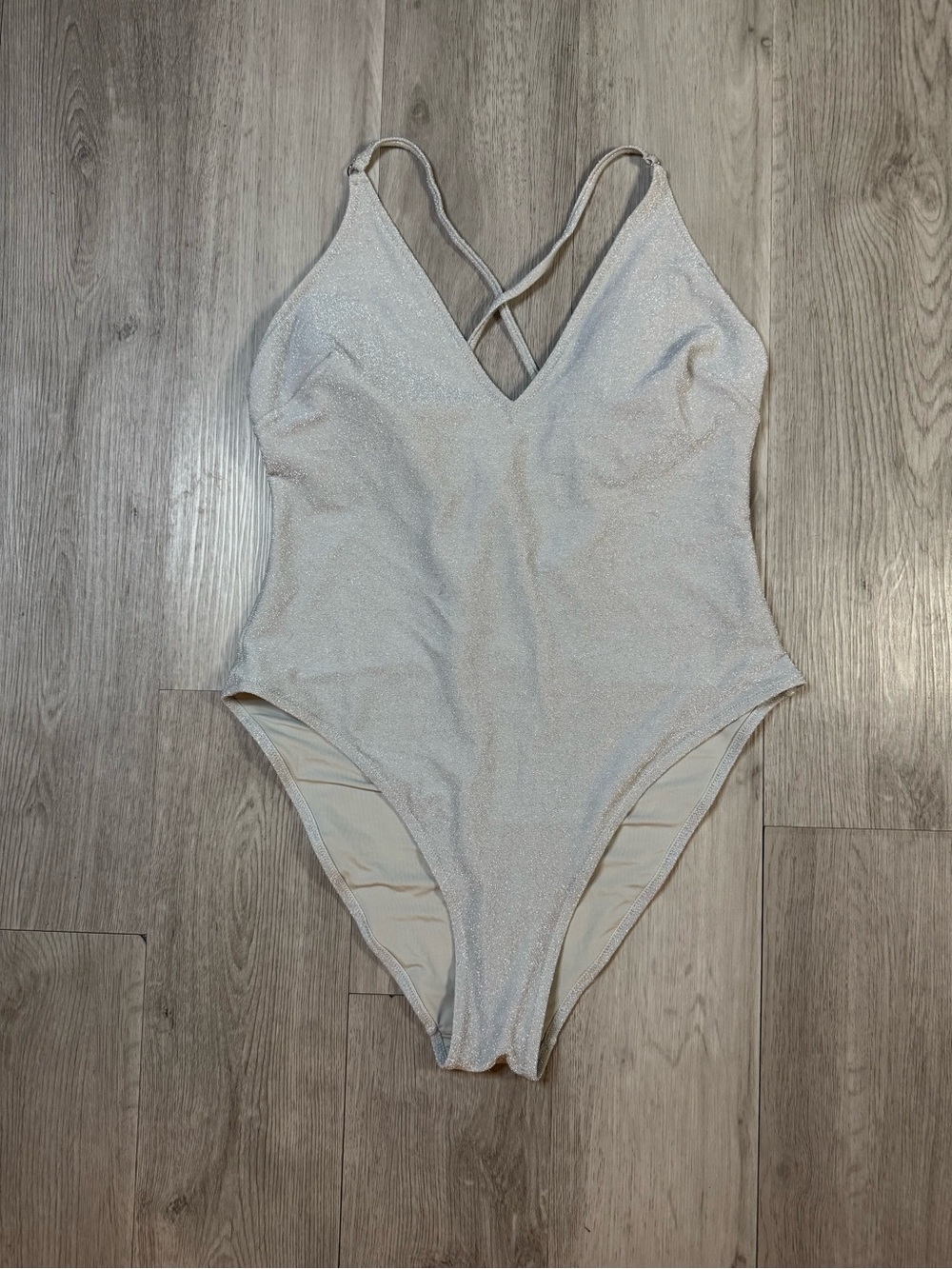 H&M Silver Shimmer One Piece Swimsuit L Criss Cross Strappy Back NWOT